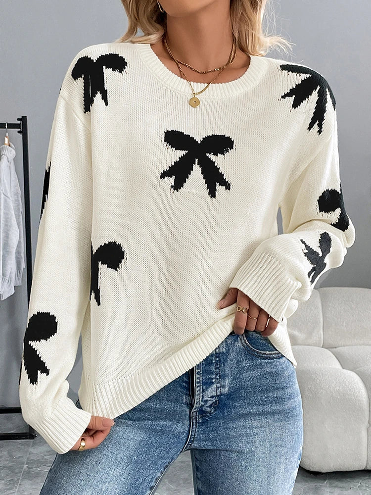 Women's Bow Print Sweaters round neck Lightweight Sweater Pullovers Knit Top