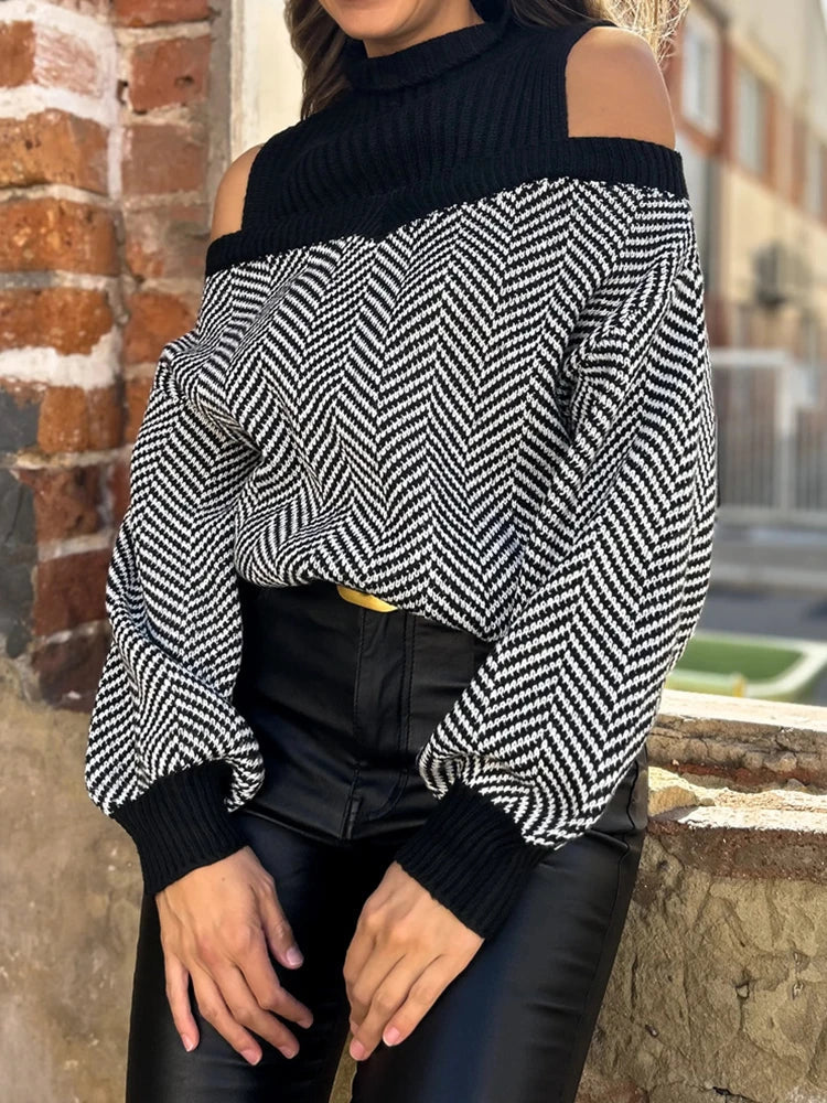 Women's Striped Cold Shoulder Oversized Sweaters